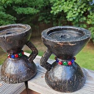 Vintage Set Of 2 Artisan Brown Black Wood Candle Holder Colorful Bead Accents